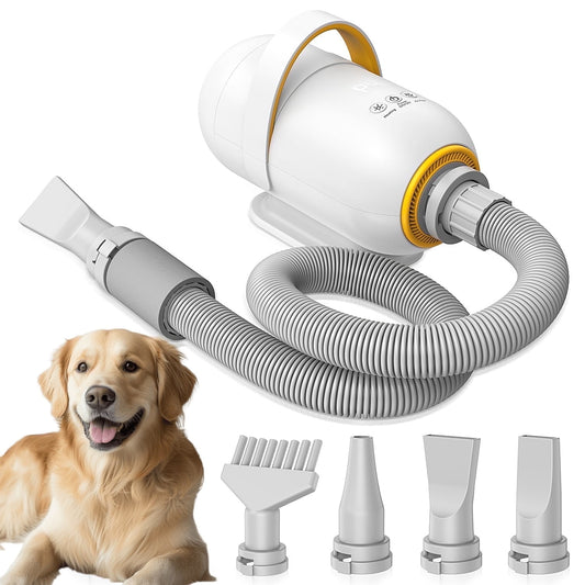 Dog Blower Pet Hair Dryer with Adjustable Speed Temperature, Large Dog Hair Grooming Blower after Bath Swimming, 7 Levels Airflow Heating Blower with 4 Nozzles