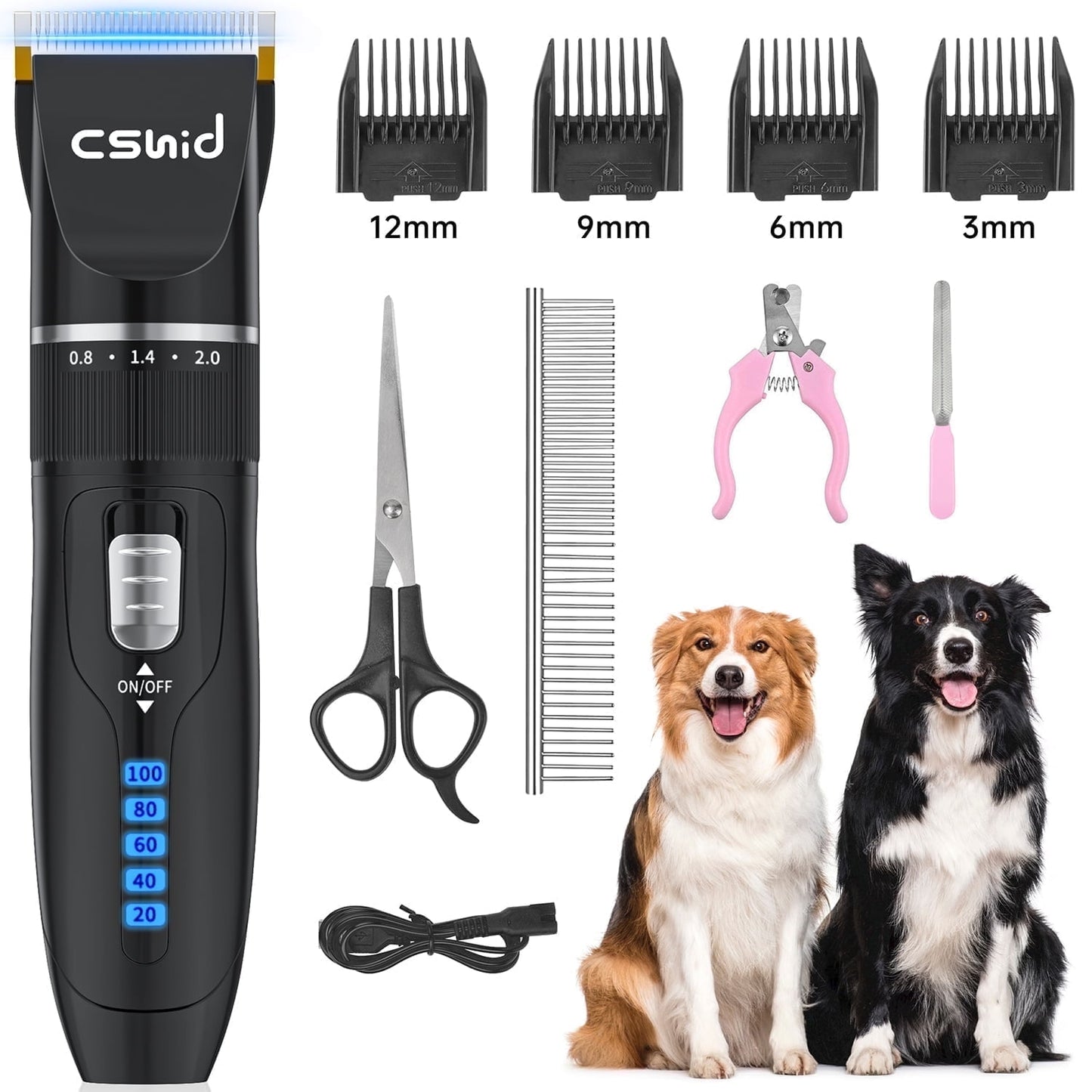 Dog Clippers, USB Rechargeable Cordless Dog Grooming Kit, Low Noise Electric Pets Hair Trimmers, Quiet Washable Shaver Clippers Shears for Thick Coats Dogs Cats with LED Display, 4 Comb Guides