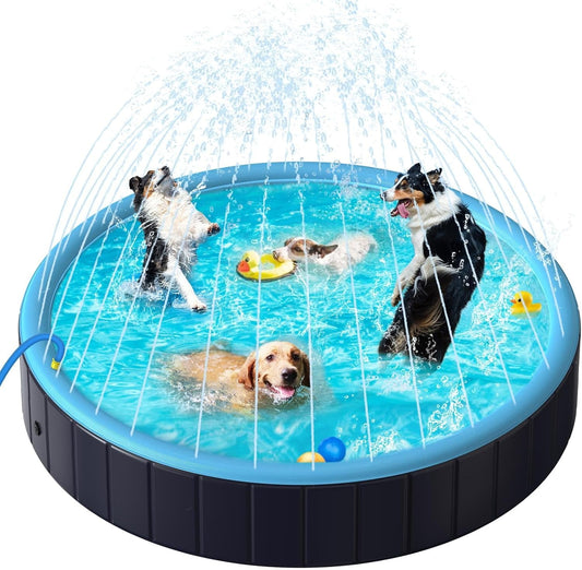 Dog Pool for Large Dogs, 63" Foldable Pet Wading Pool with Splash Sprinkler, Outdoor Summer Bathtub Heavy Duty for Puppy, Doggie, Duck -Blue -63 x 12 Inches