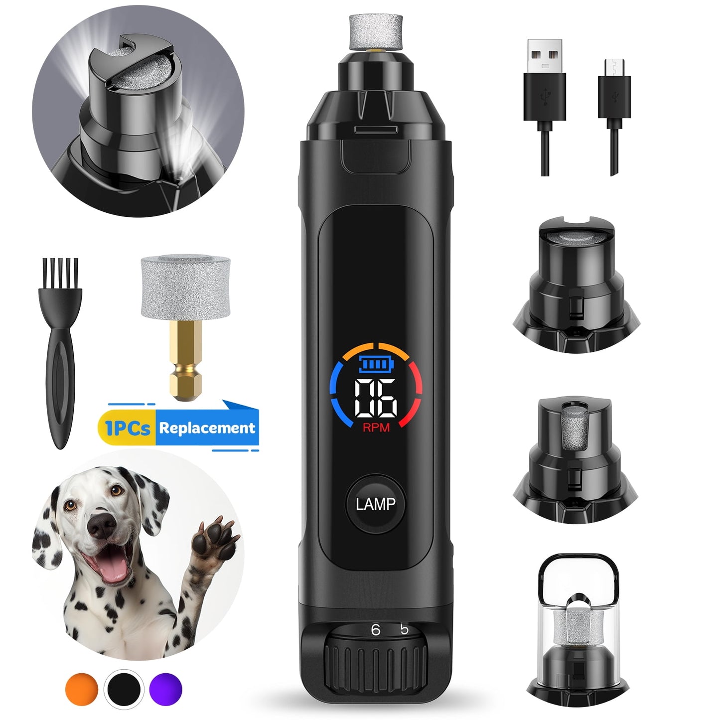 LAKWAR Dog Nail Grinder,6-Speed Pet Nail Grinder W/Light Quiet Rechargeable Electric Dog Nail Trimmer Painless Paws Grooming & Smoothing Tool for Large Medium Small Dogs(Purple)