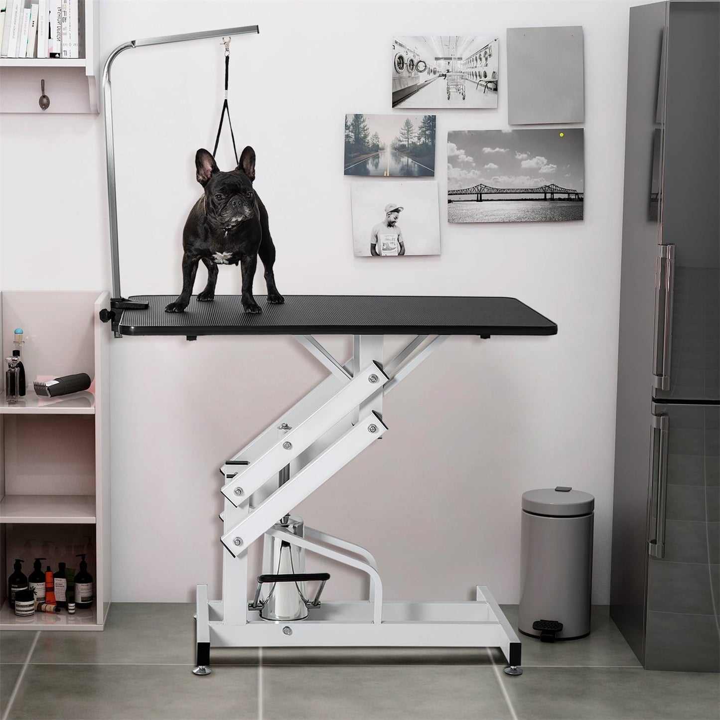 Pefilos 44" Hydraulic Pet Grooming Table for Large Dogs Professional Heavy Duty Adjustable Height - Portable Trimming Table Drying Table w/Arm/Noose, Black