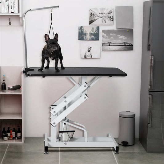 Pefilos 44" Hydraulic Pet Grooming Table for Large Dogs Professional Heavy Duty Adjustable Height - Portable Trimming Table Drying Table w/Arm/Noose, Black