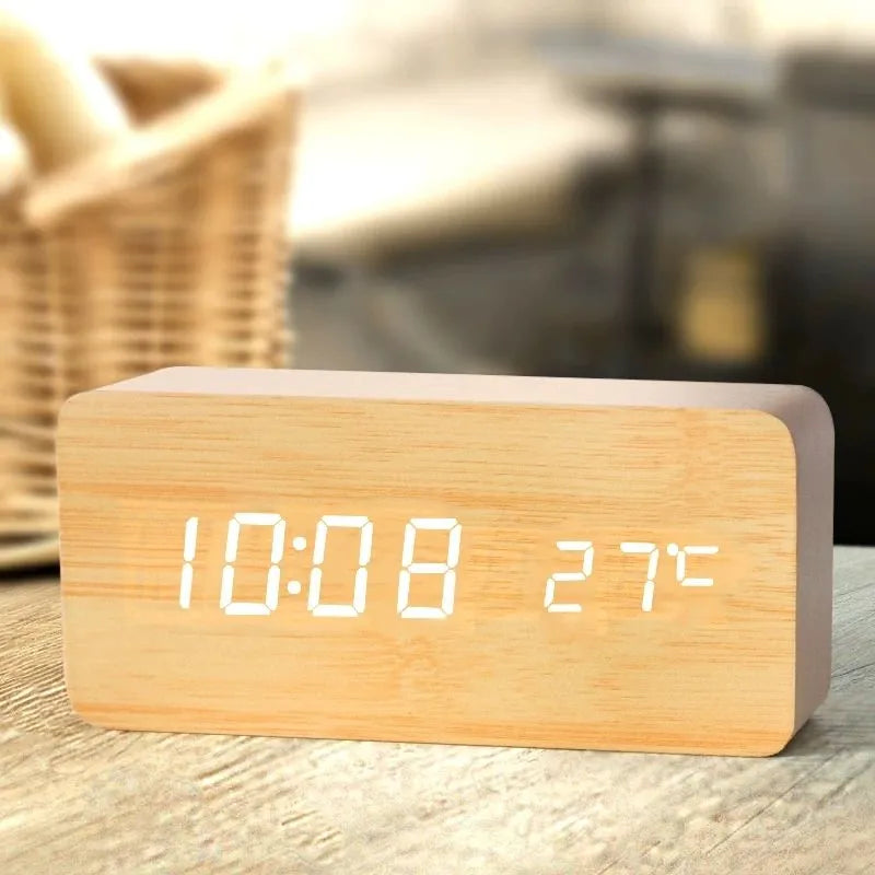 Wooden Digital Alarm Clock, LED Alarm Clock with Temperature Desk