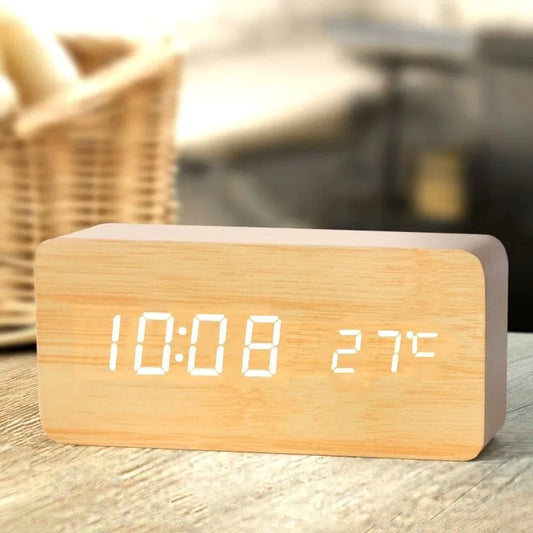 Wooden Digital Alarm Clock, LED Alarm Clock with Temperature Desk