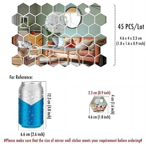 45pcs Mirror Wall Sticker, Hexagon Wall Art Sticker, DIY Household
