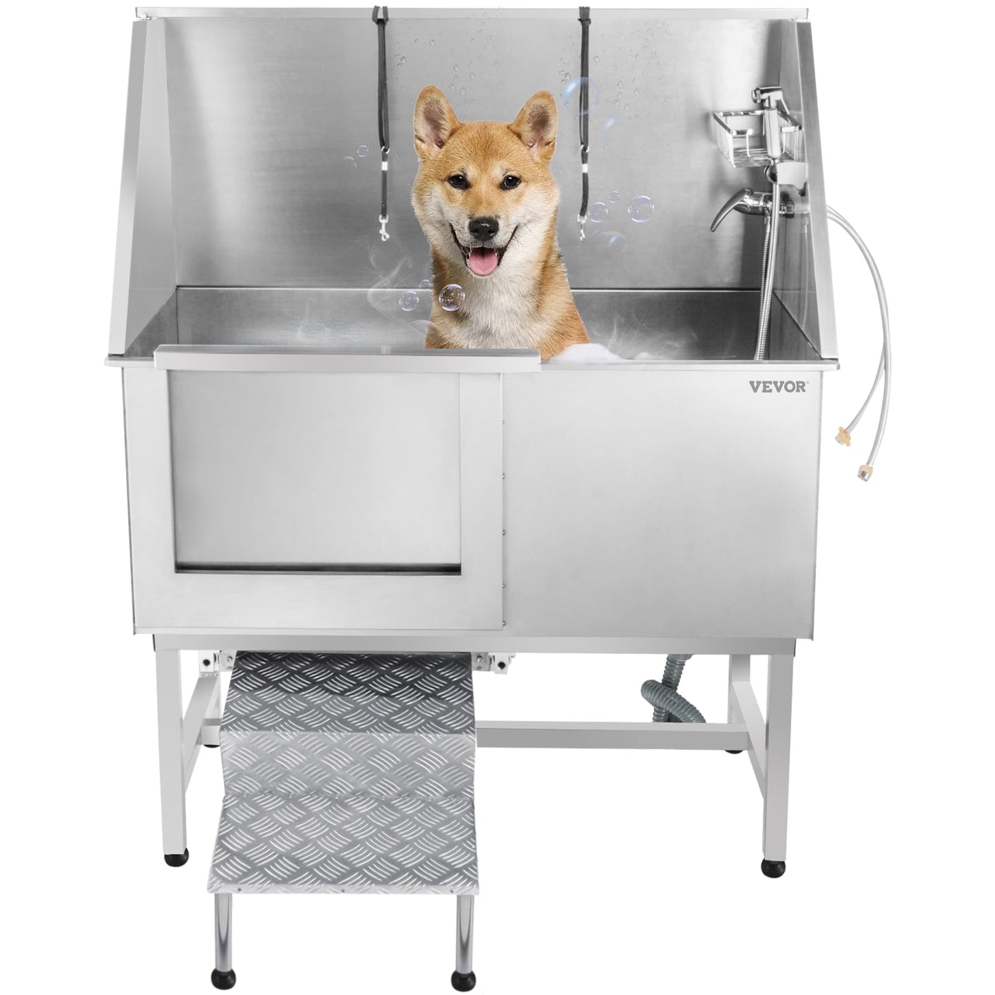 VEVORbrand 50 inch Dog Grooming Tub, Professional Stainless Steel Pet Dog Bath Tub with Steps Faucet & Accessories Dog Washing Station, Left-Door