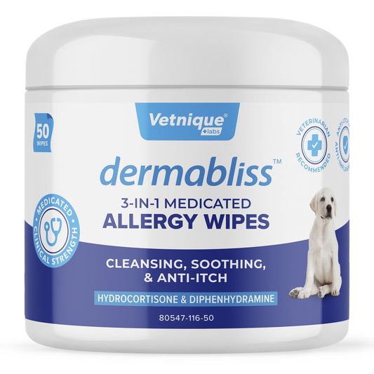 Vetnique Labs Dermabliss 3-in-1 Medicated Allergy Wipes, for Dogs and Cats, with Hydrocortisone, 50 Count