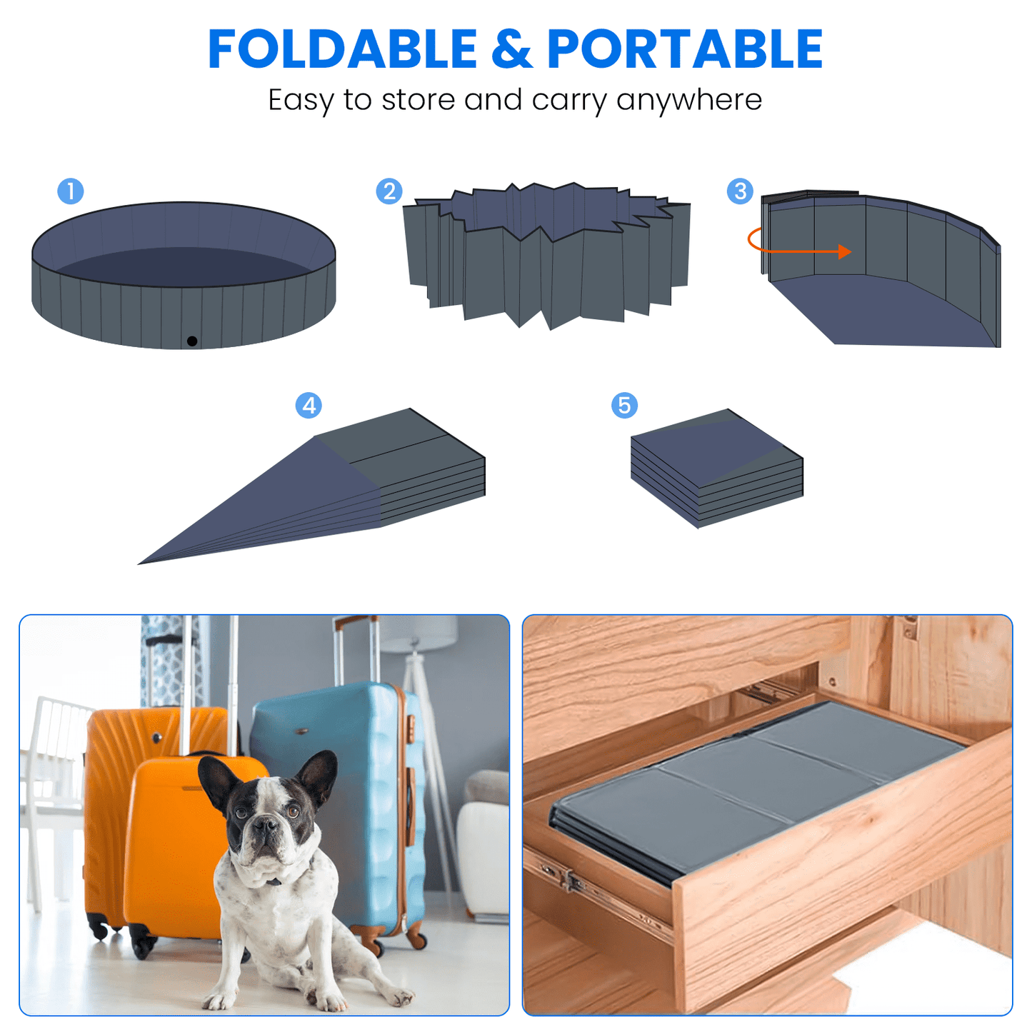 Furlinkhm Foldable Dog Pool, Outdoor Kiddie Pool with Hard Plastic, Portable Non-Slip Dog Bath Tub, Collapsible Dog Swimming Pool for Dogs Pets Kids (Gray, 63" x 12")