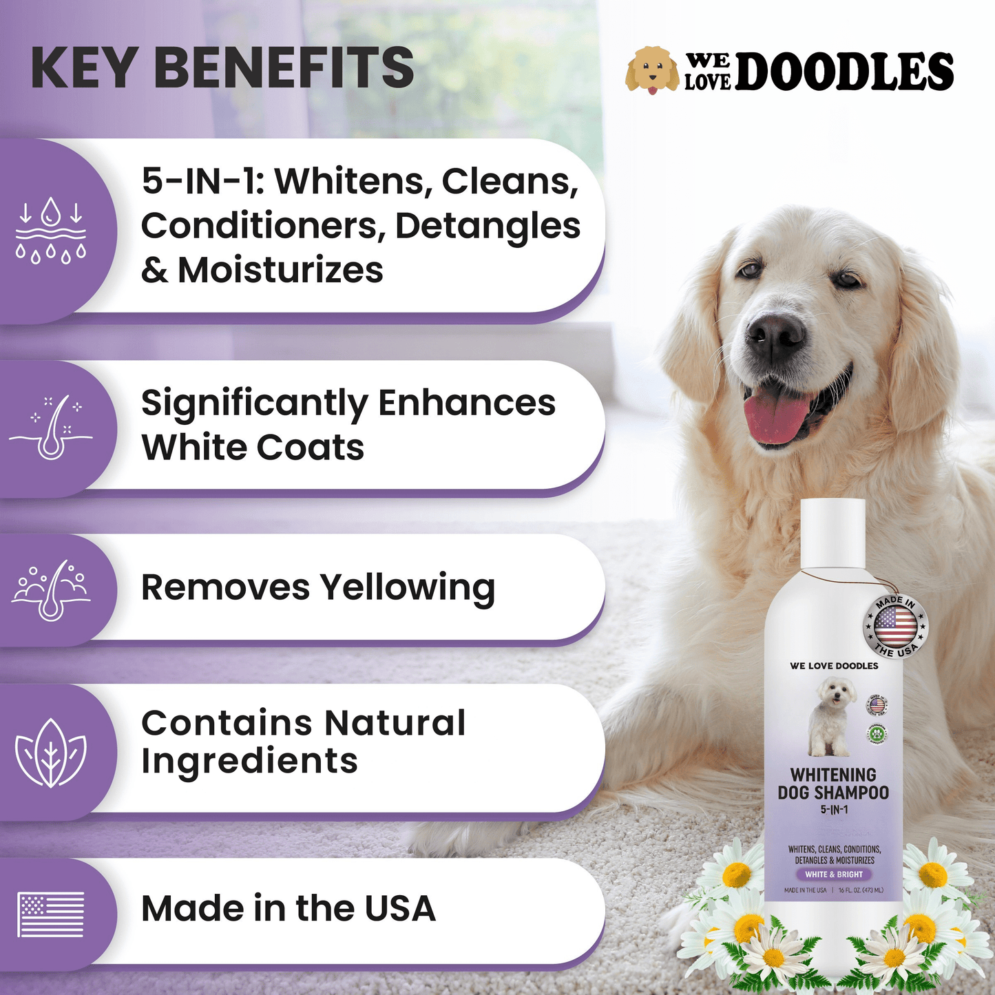 Whitening Dog Shampoo | Clean Ingredients | Made in USA | Brightening Dogs Fur | White & Bright Hair | Removes Stains & Discoloration [We Love Doodles]