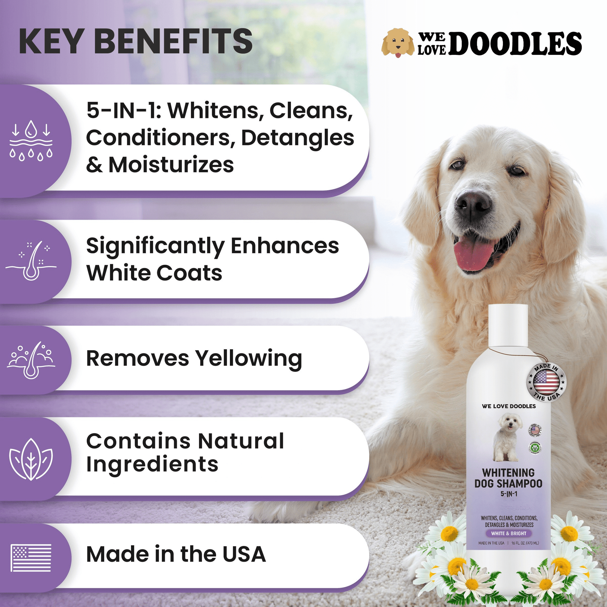 Whitening Dog Shampoo | Clean Ingredients | Made in USA | Brightening Dogs Fur | White & Bright Hair | Removes Stains & Discoloration [We Love Doodles]