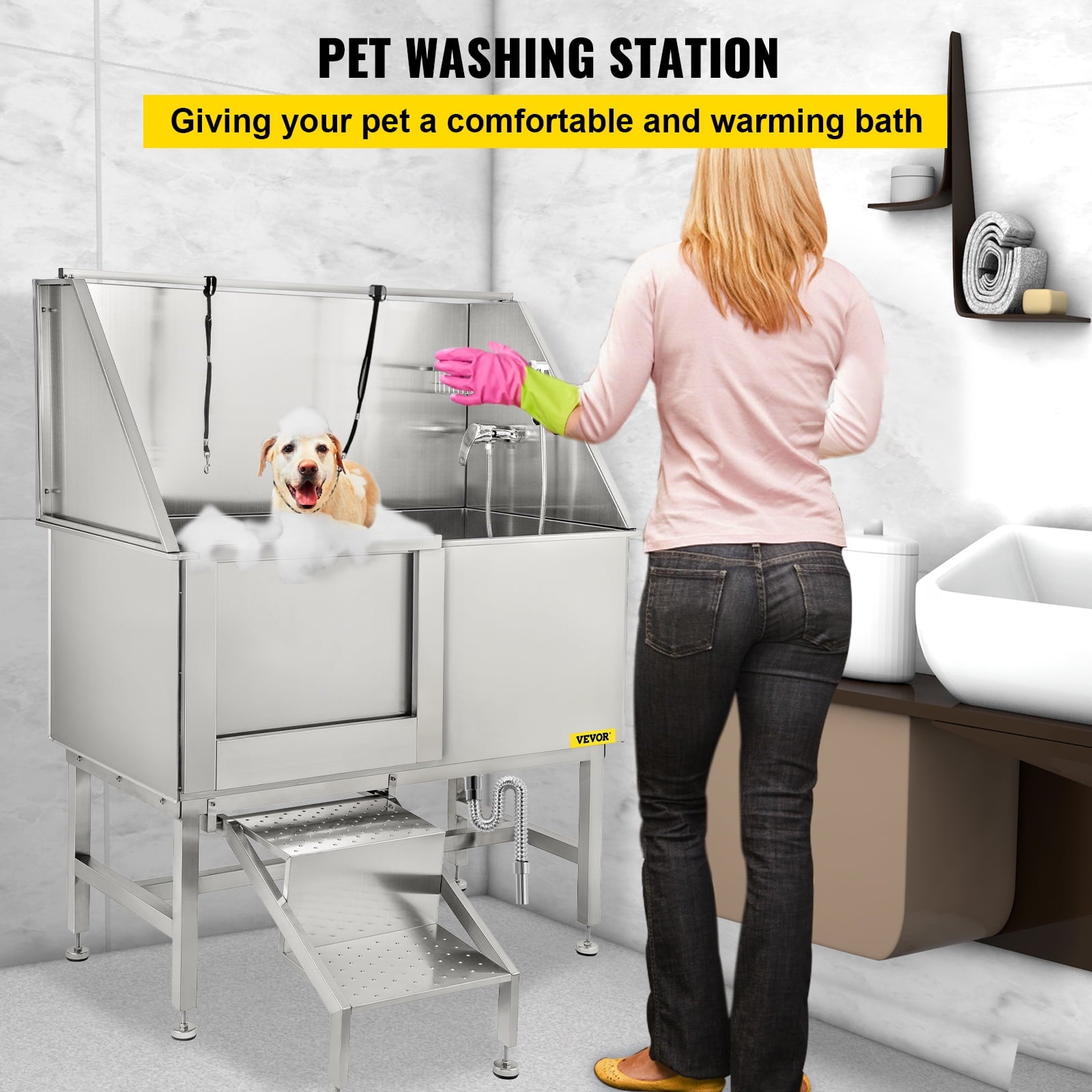 VEVORbrand 50 inch Dog Grooming Tub, Professional Stainless Steel Pet Dog Bath Tub with Steps Faucet & Accessories Dog Washing Station, Left-Door