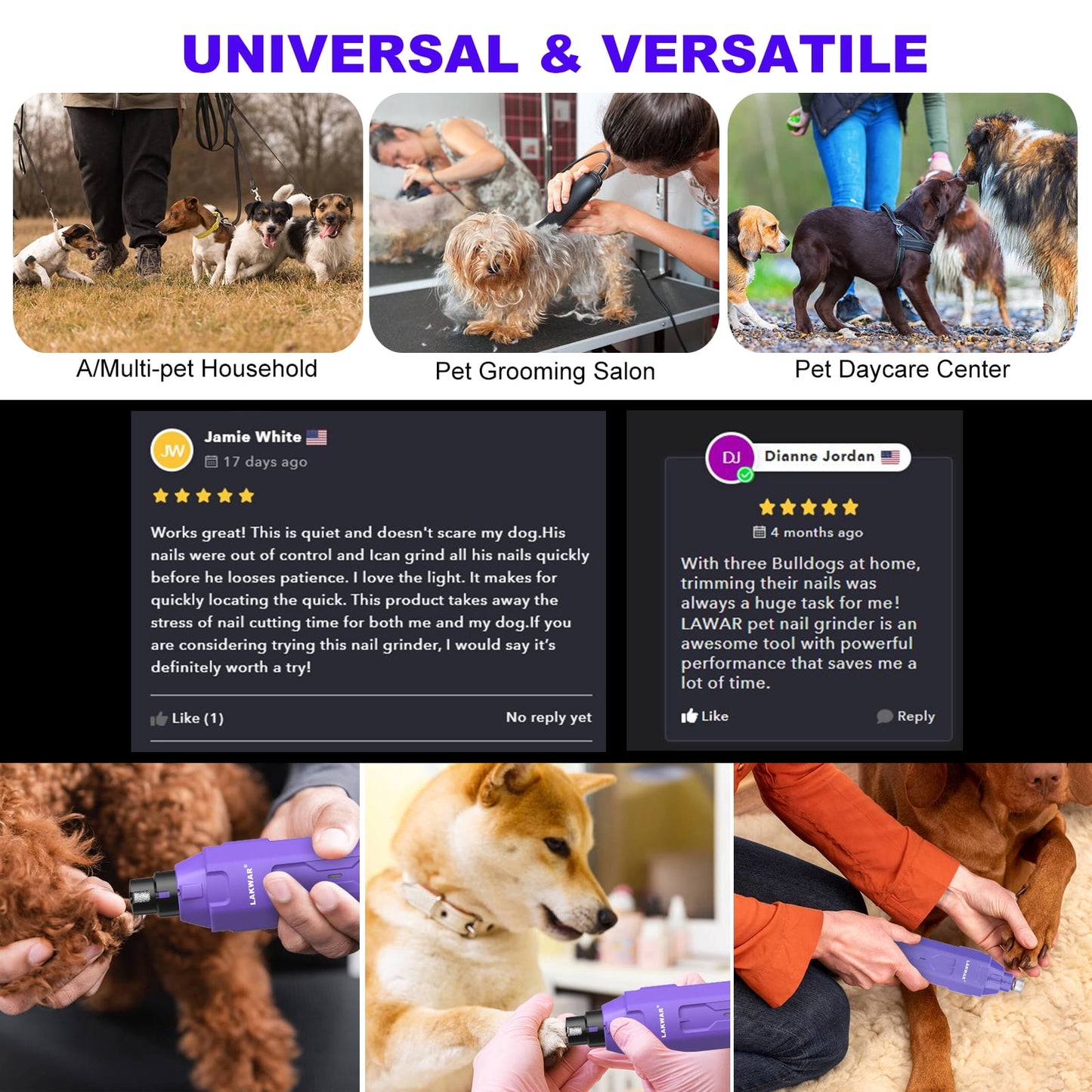 LAKWAR Dog Nail Grinder,6-Speed Pet Nail Grinder W/Light Quiet Rechargeable Electric Dog Nail Trimmer Painless Paws Grooming & Smoothing Tool for Large Medium Small Dogs(Purple)