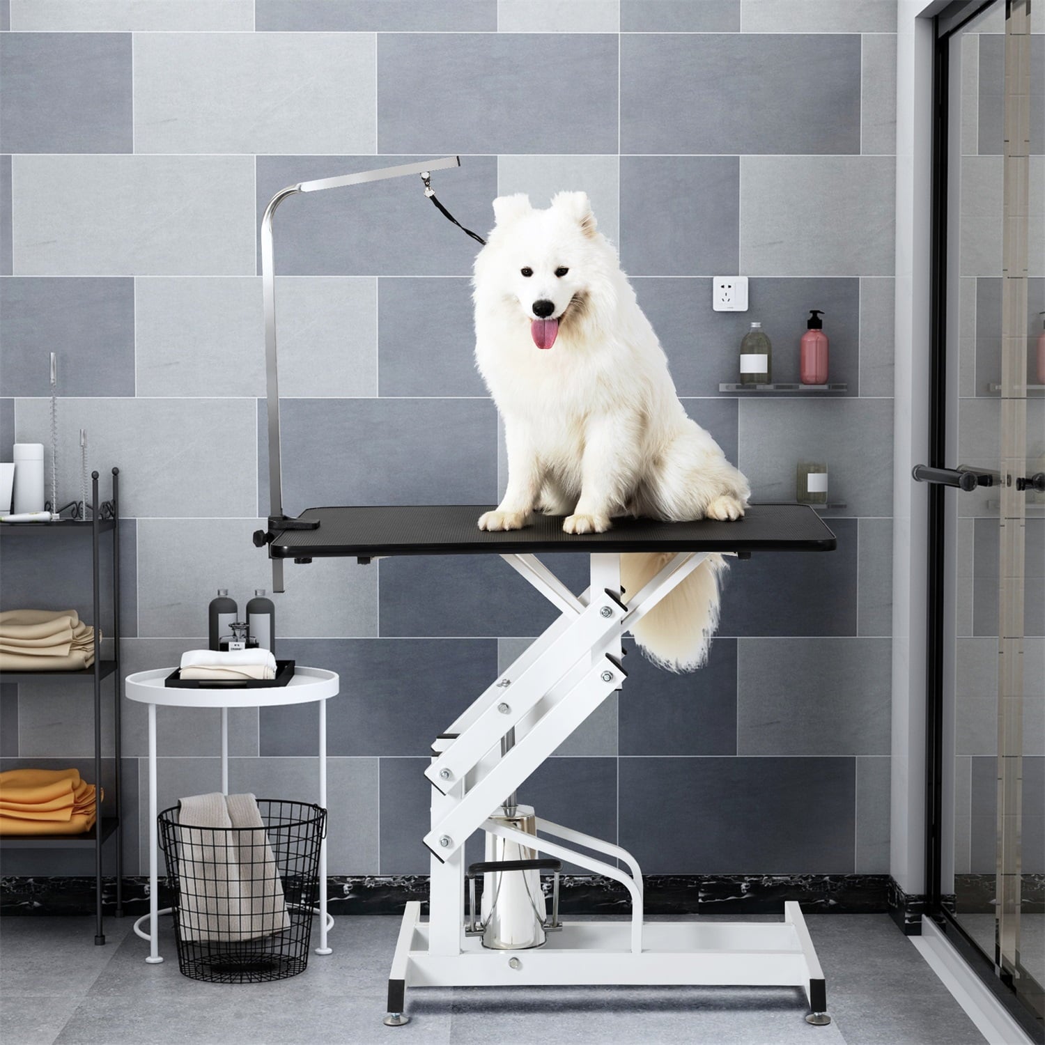 Pefilos 44" Hydraulic Pet Grooming Table for Large Dogs Professional Heavy Duty Adjustable Height - Portable Trimming Table Drying Table w/Arm/Noose, Black