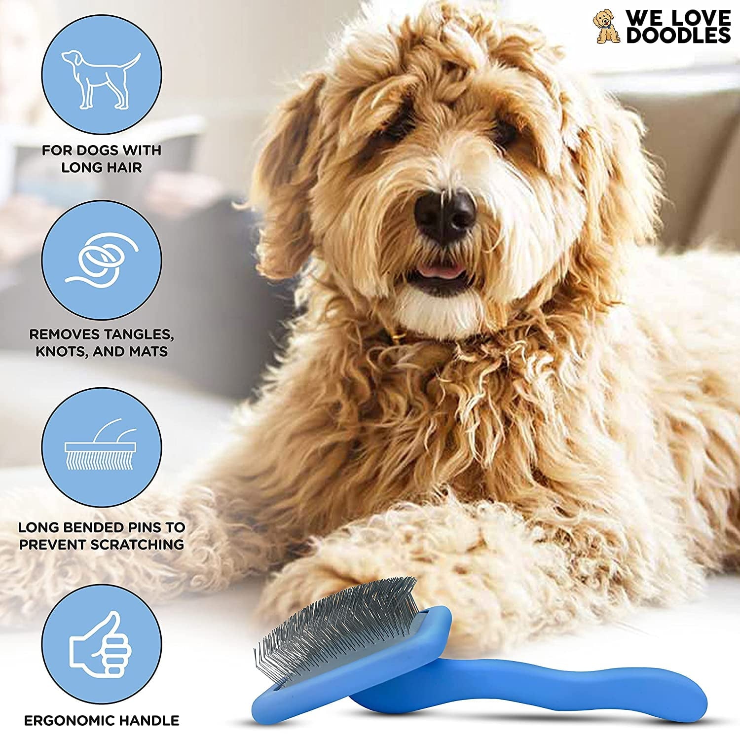 We Love Doodles Dog Slicker Brush, Dog Doodle Brush for Grooming Pet Hair Dog Brush, Poodle & Goldendoodle Brush for Dogs (Large)