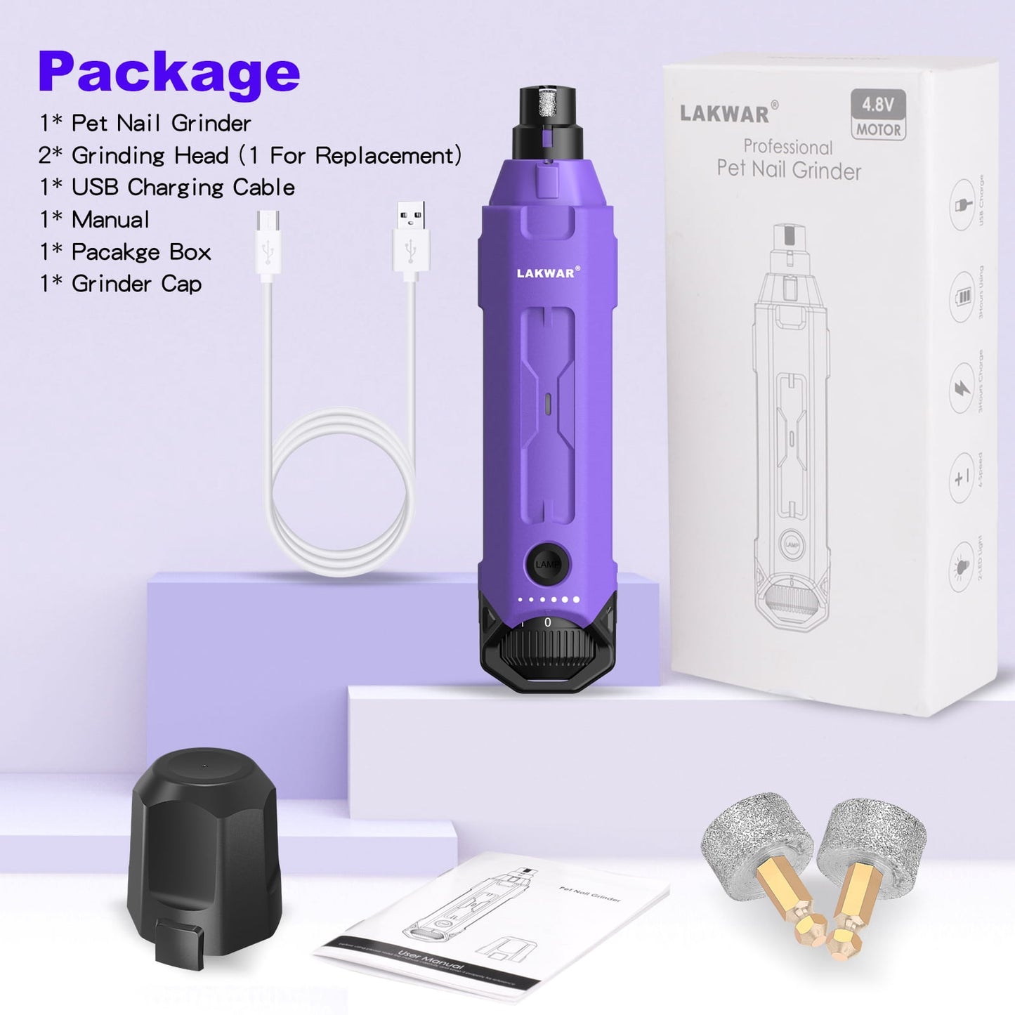 LAKWAR Dog Nail Grinder,6-Speed Pet Nail Grinder W/Light Quiet Rechargeable Electric Dog Nail Trimmer Painless Paws Grooming & Smoothing Tool for Large Medium Small Dogs(Purple)
