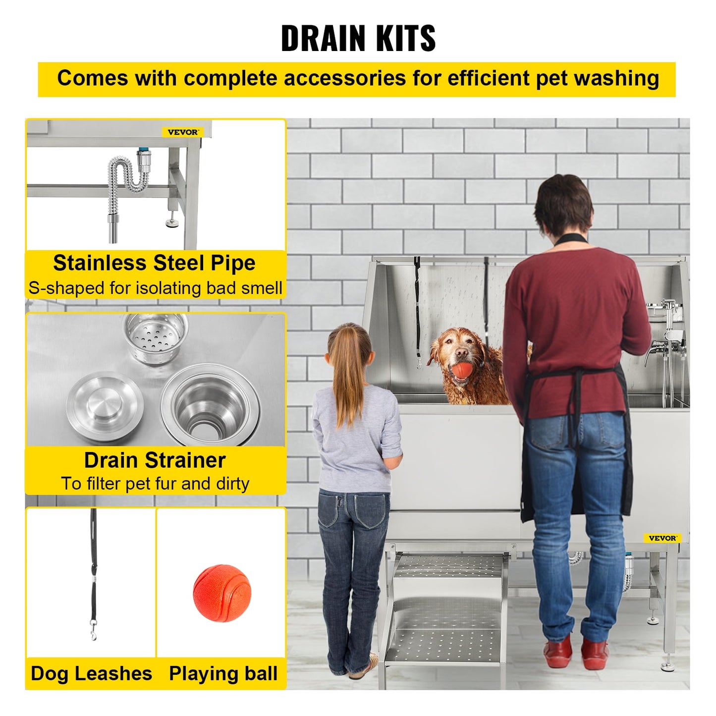 VEVORbrand 50 inch Dog Grooming Tub, Professional Stainless Steel Pet Dog Bath Tub with Steps Faucet & Accessories Dog Washing Station, Left-Door