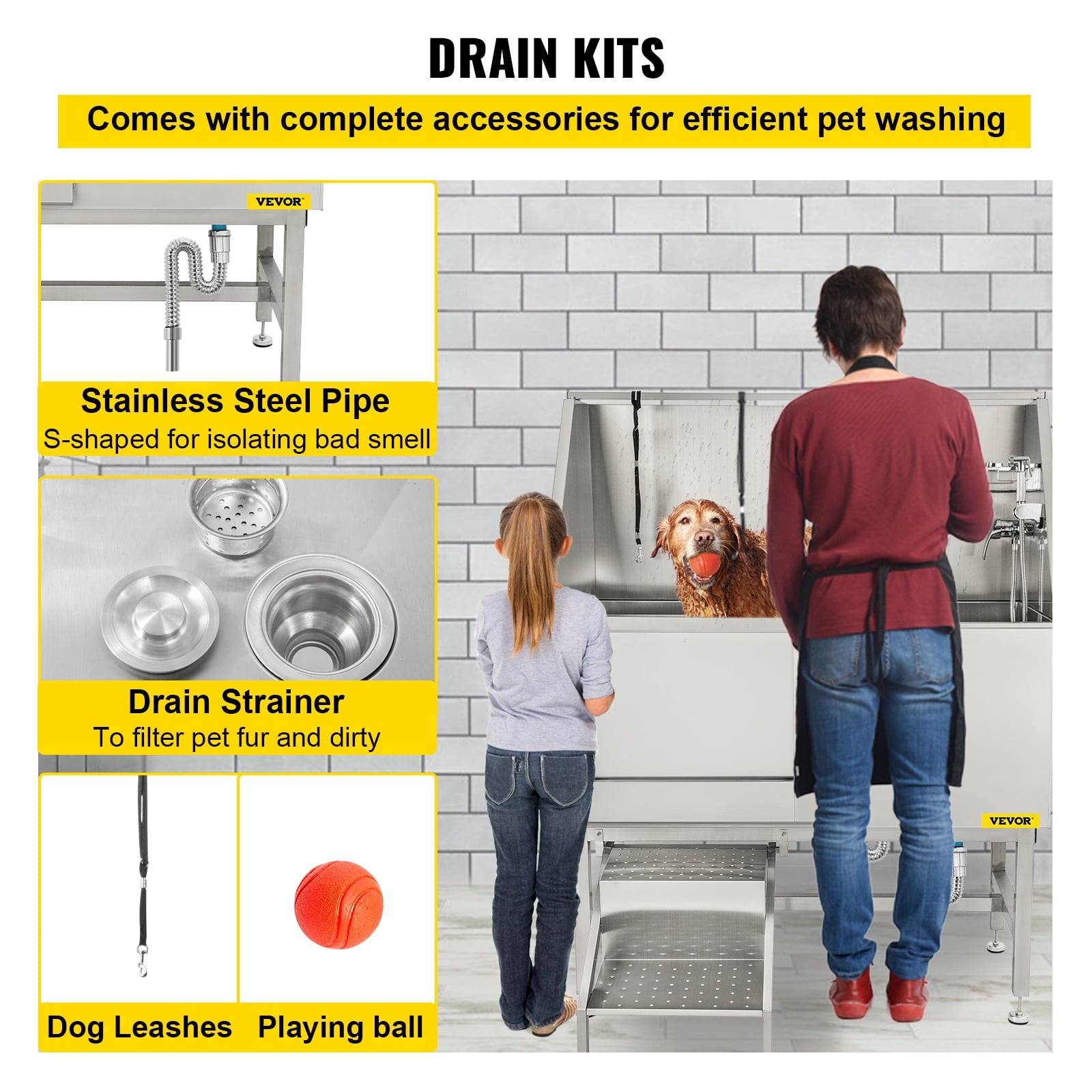 VEVORbrand 50 inch Dog Grooming Tub, Professional Stainless Steel Pet Dog Bath Tub with Steps Faucet & Accessories Dog Washing Station, Left-Door
