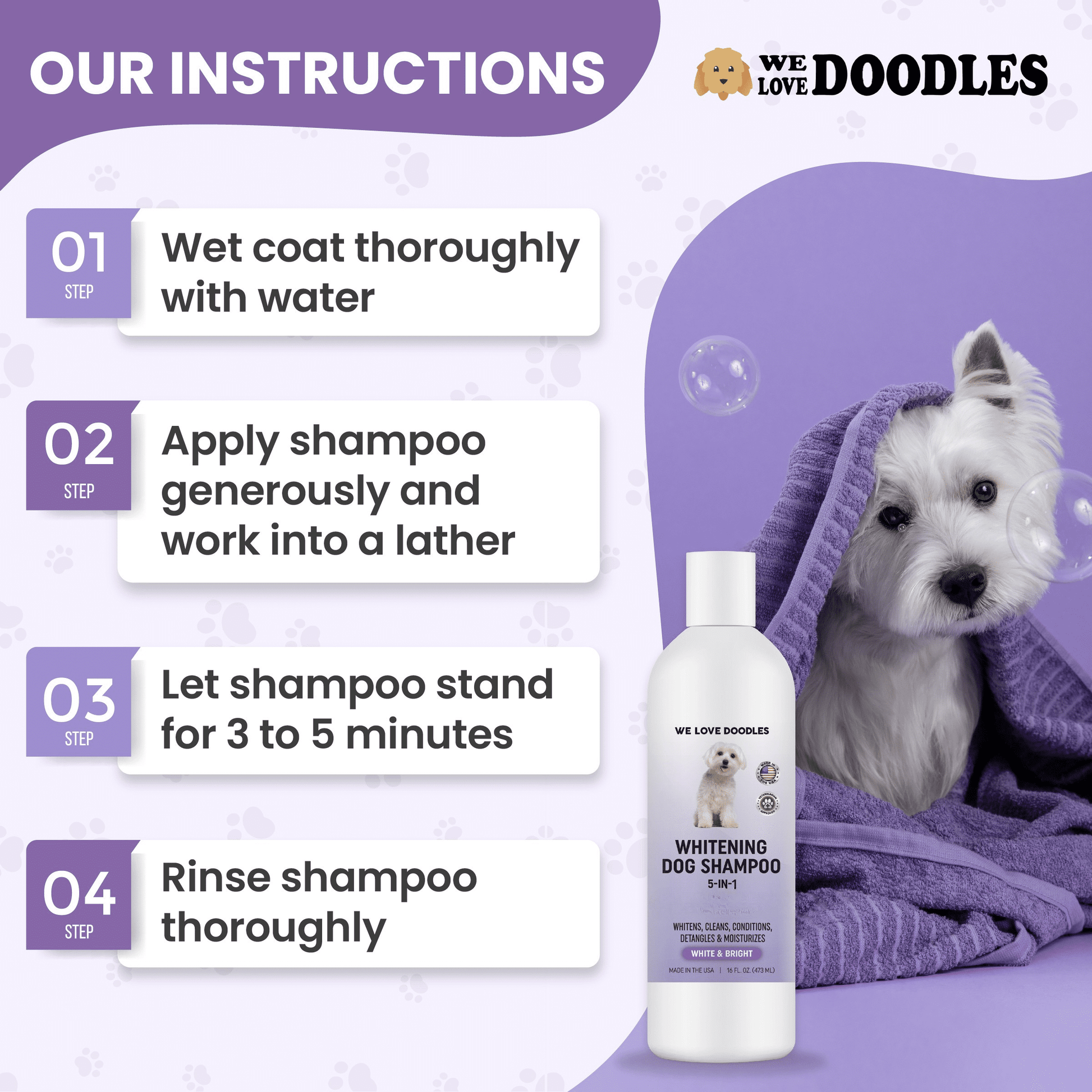 Whitening Dog Shampoo | Clean Ingredients | Made in USA | Brightening Dogs Fur | White & Bright Hair | Removes Stains & Discoloration [We Love Doodles]