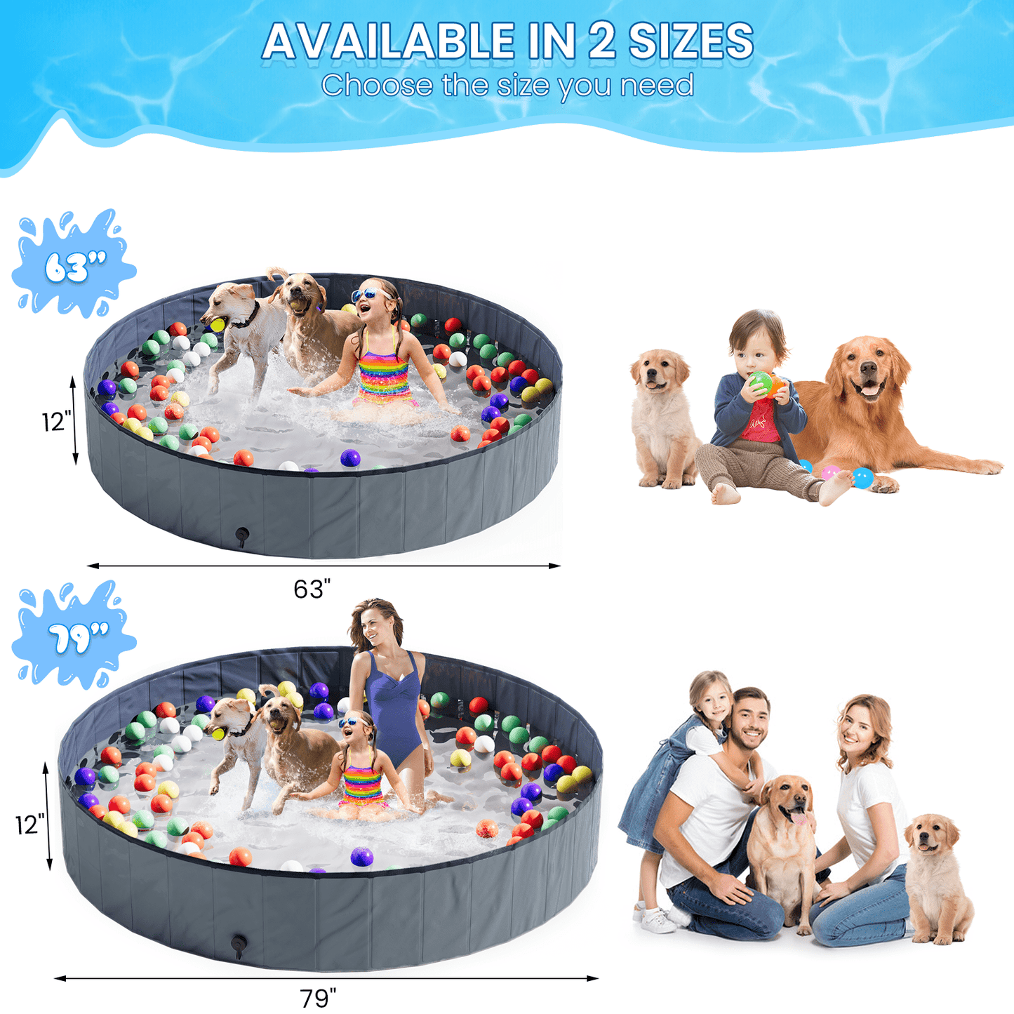 Furlinkhm Foldable Dog Pool, Outdoor Kiddie Pool with Hard Plastic, Portable Non-Slip Dog Bath Tub, Collapsible Dog Swimming Pool for Dogs Pets Kids (Gray, 63" x 12")