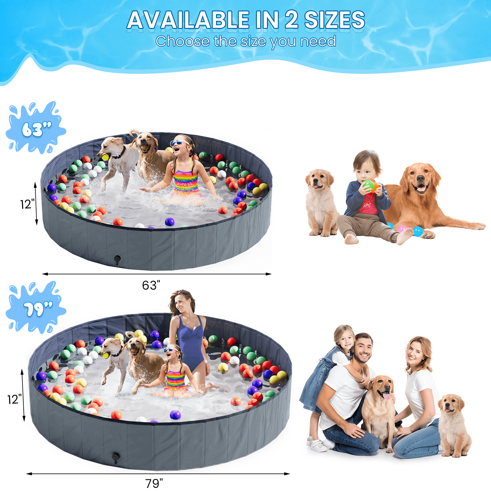 Furlinkhm Foldable Dog Pool, Outdoor Kiddie Pool with Hard Plastic, Portable Non-Slip Dog Bath Tub, Collapsible Dog Swimming Pool for Dogs Pets Kids (Gray, 63" x 12")