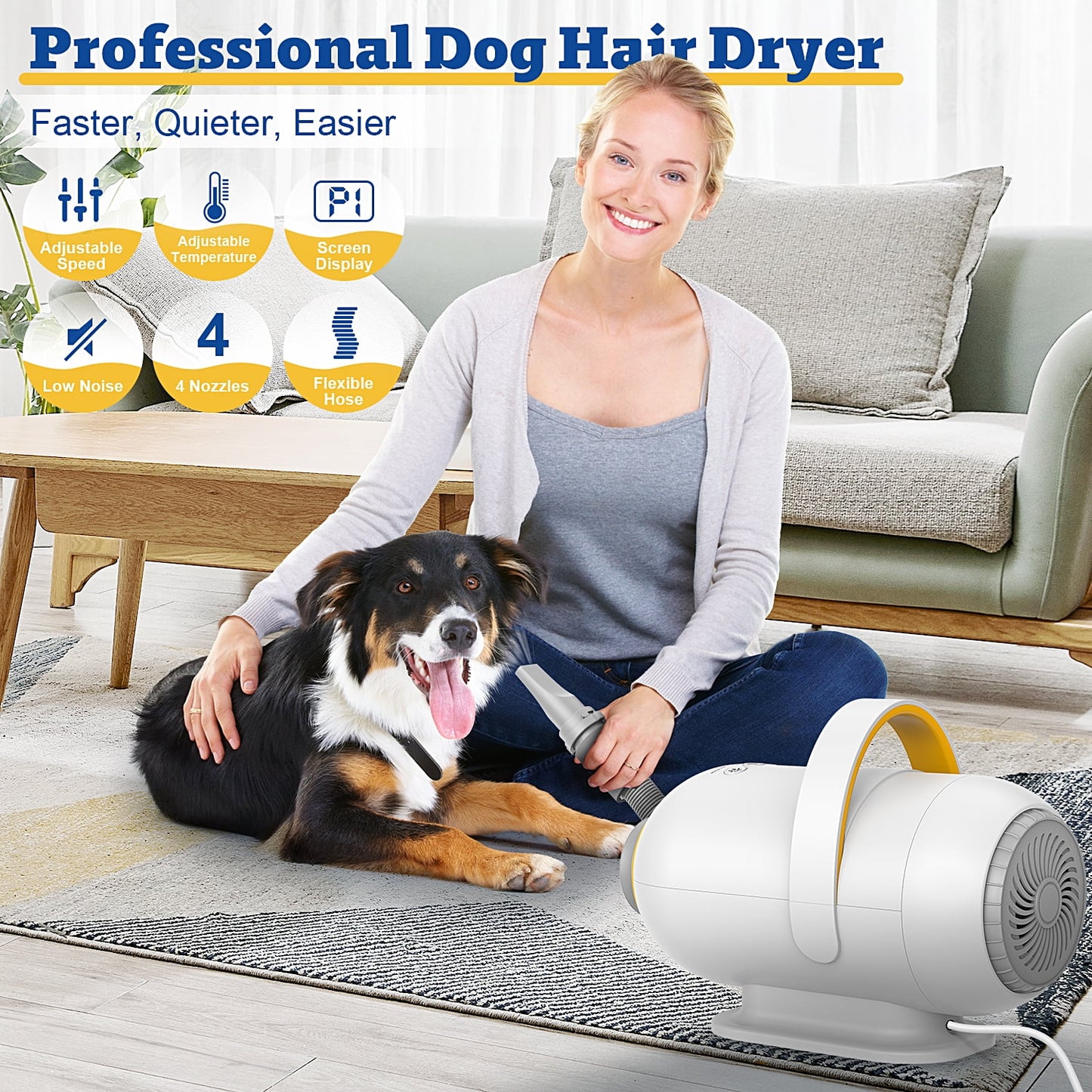 Dog Blower Pet Hair Dryer with Adjustable Speed Temperature, Large Dog Hair Grooming Blower after Bath Swimming, 7 Levels Airflow Heating Blower with 4 Nozzles