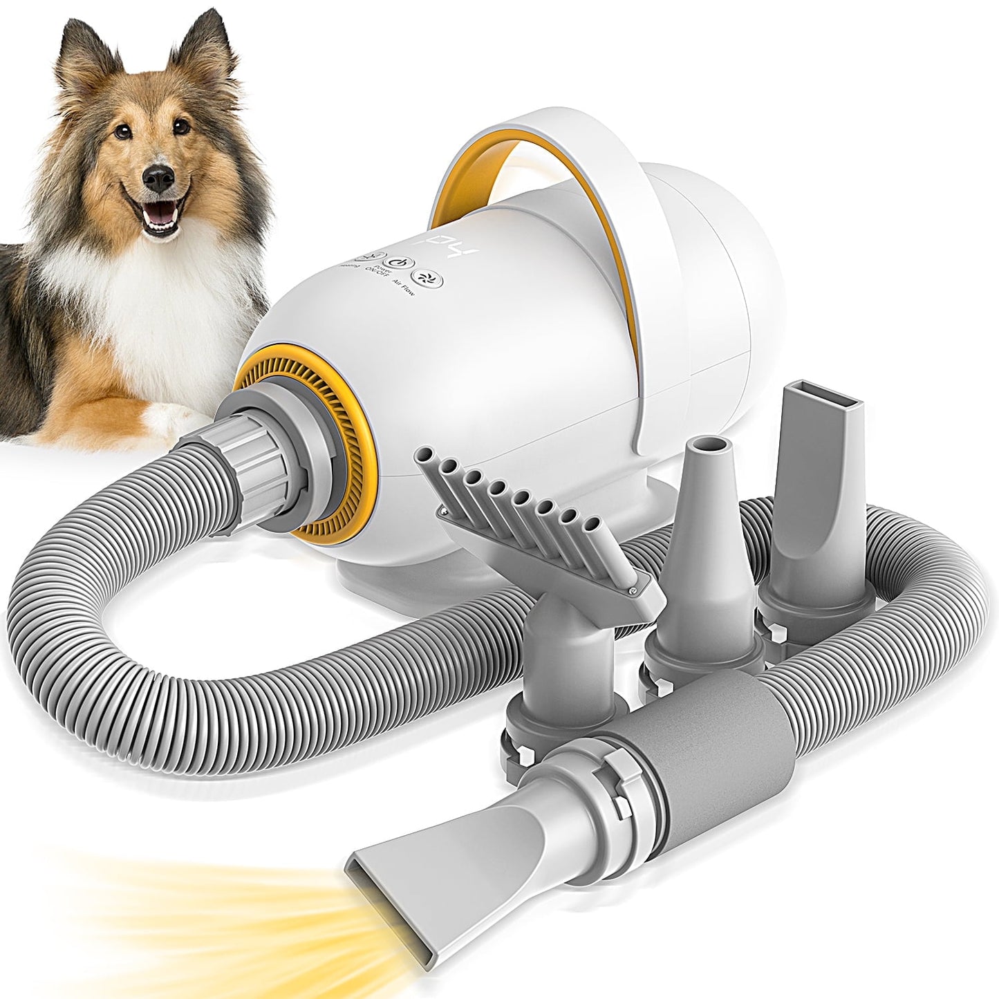 Dog Blower Pet Hair Dryer with Adjustable Speed Temperature, Large Dog Hair Grooming Blower after Bath Swimming, 7 Levels Airflow Heating Blower with 4 Nozzles