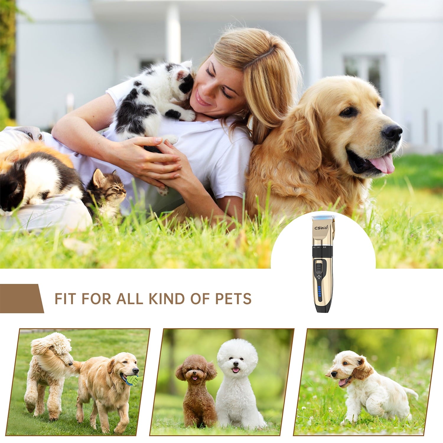 Dog Clippers, USB Rechargeable Cordless Dog Grooming Kit, Low Noise Electric Pets Hair Trimmers, Quiet Washable Shaver Clippers Shears for Thick Coats Dogs Cats with LED Display, 4 Comb Guides