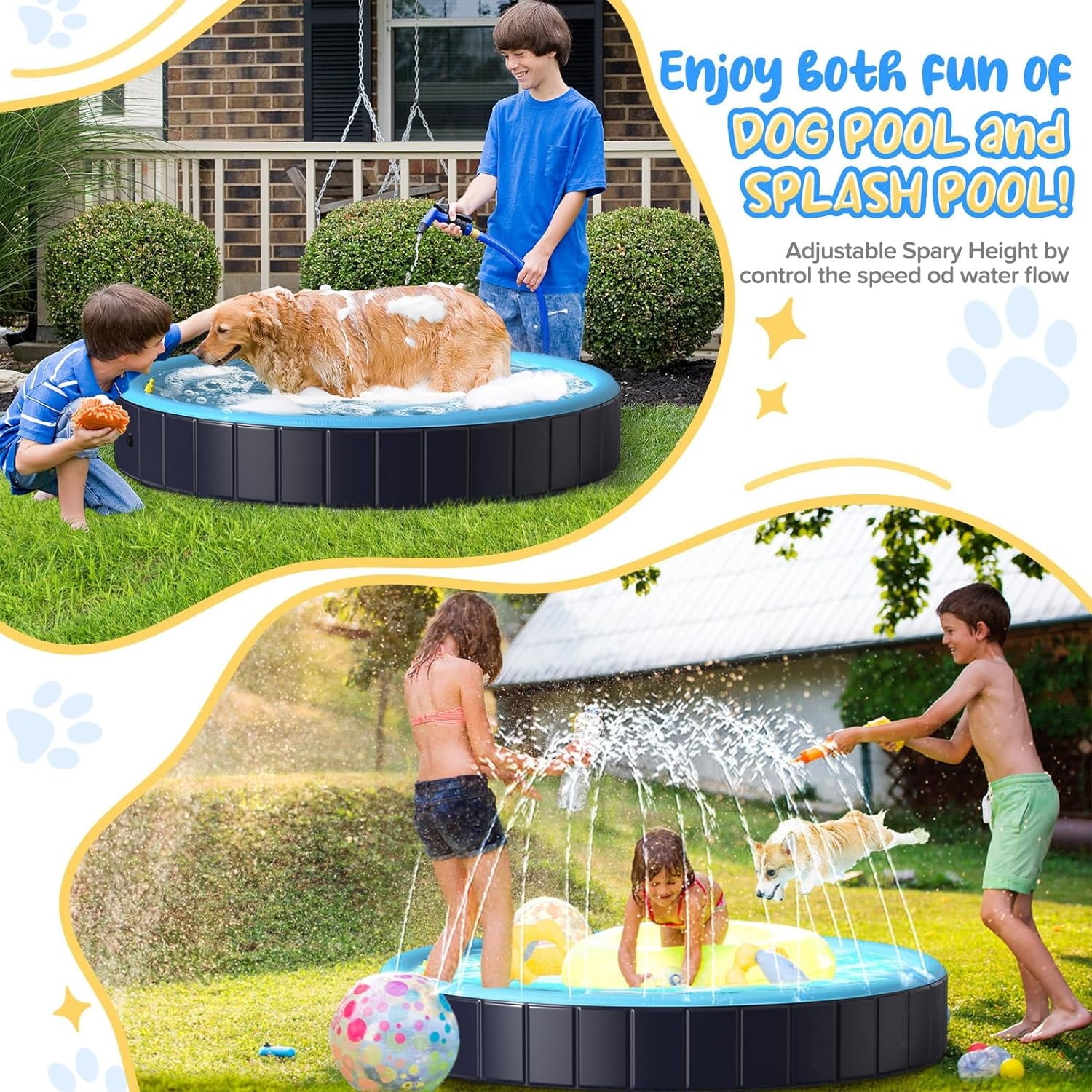 Dog Pool for Large Dogs, 63" Foldable Pet Wading Pool with Splash Sprinkler, Outdoor Summer Bathtub Heavy Duty for Puppy, Doggie, Duck -Blue -63 x 12 Inches