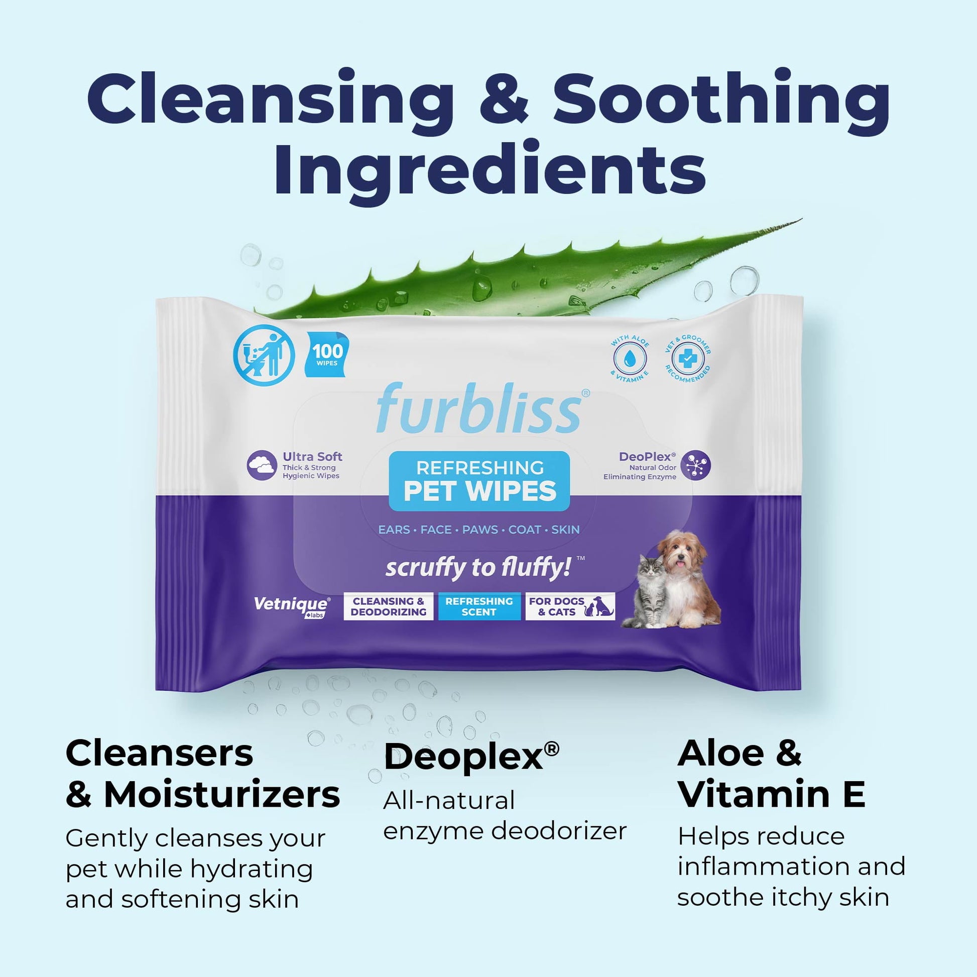 Vetnique Labs Furbliss Hygienic Pet Wipes for Dogs & Cats, Refreshing Scent, 100 Count