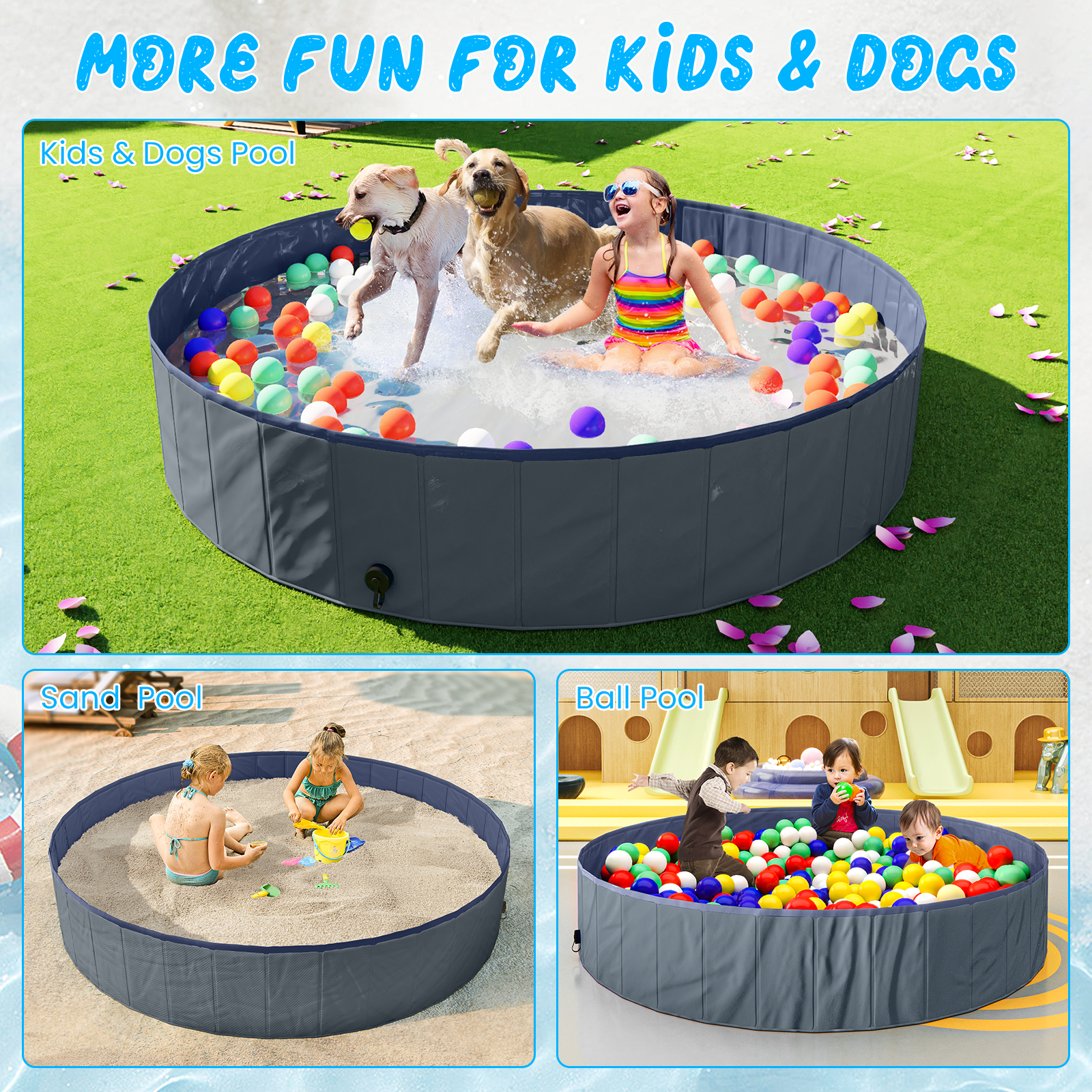 Furlinkhm Foldable Dog Pool, Outdoor Kiddie Pool with Hard Plastic, Portable Non-Slip Dog Bath Tub, Collapsible Dog Swimming Pool for Dogs Pets Kids (Gray, 63" x 12")