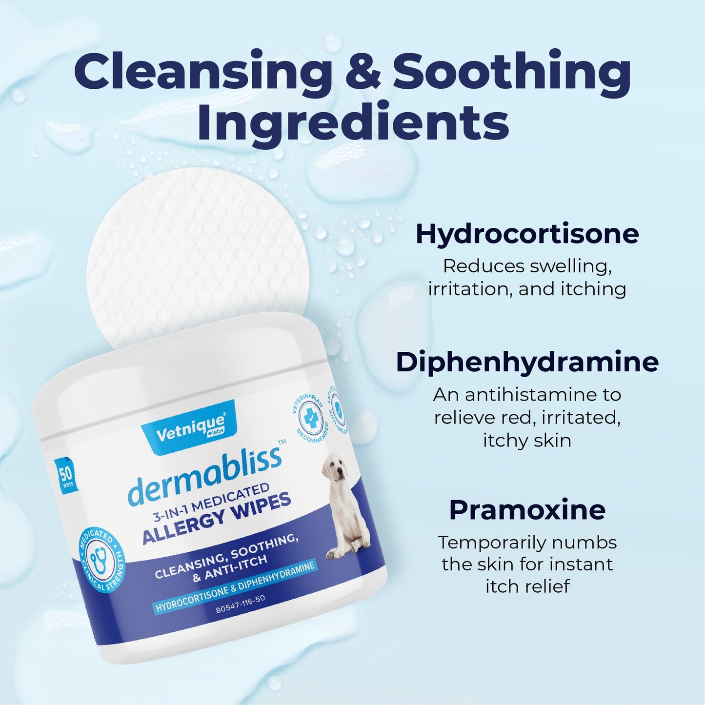 Vetnique Labs Dermabliss 3-in-1 Medicated Allergy Wipes, for Dogs and Cats, with Hydrocortisone, 50 Count