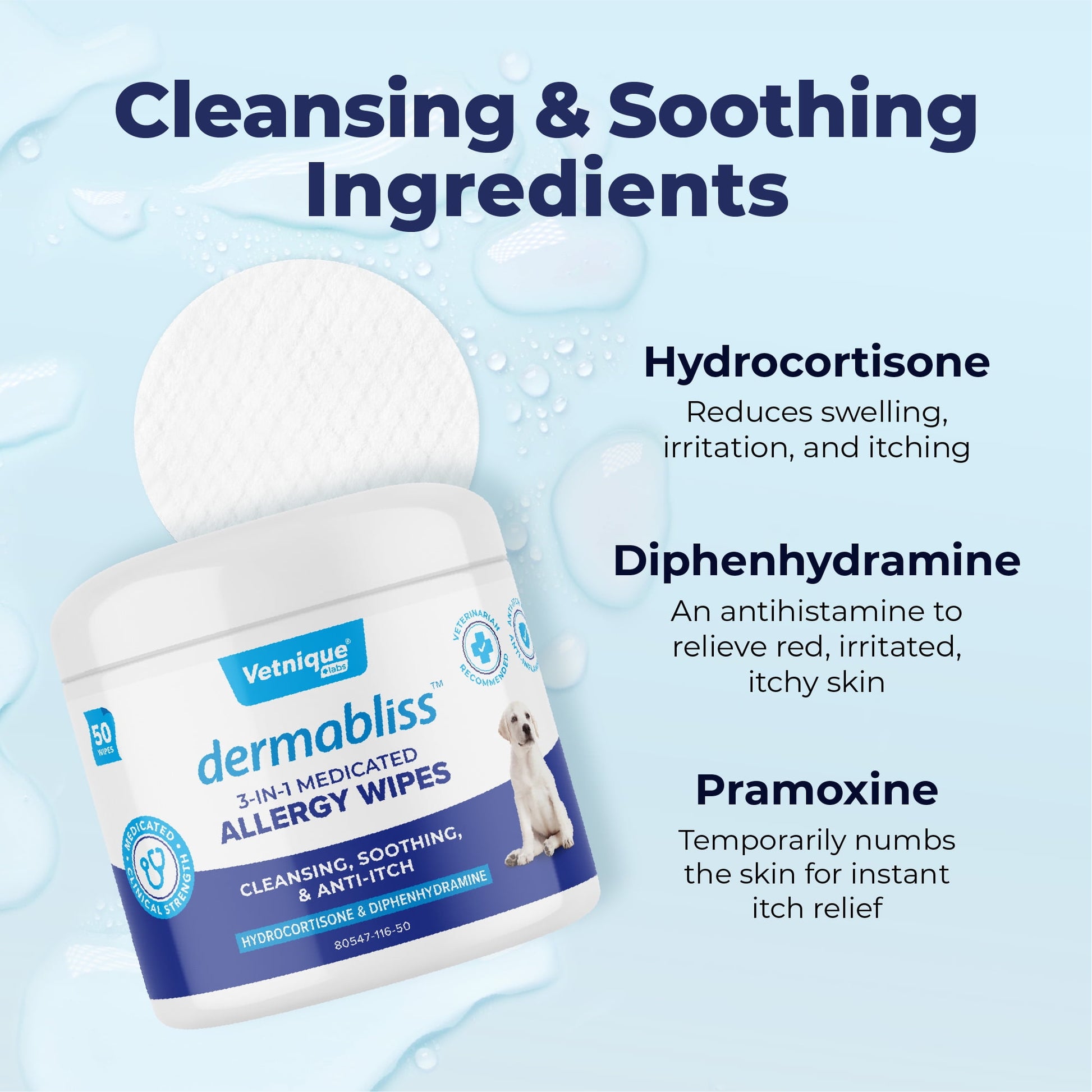 Vetnique Labs Dermabliss 3-in-1 Medicated Allergy Wipes, for Dogs and Cats, with Hydrocortisone, 50 Count