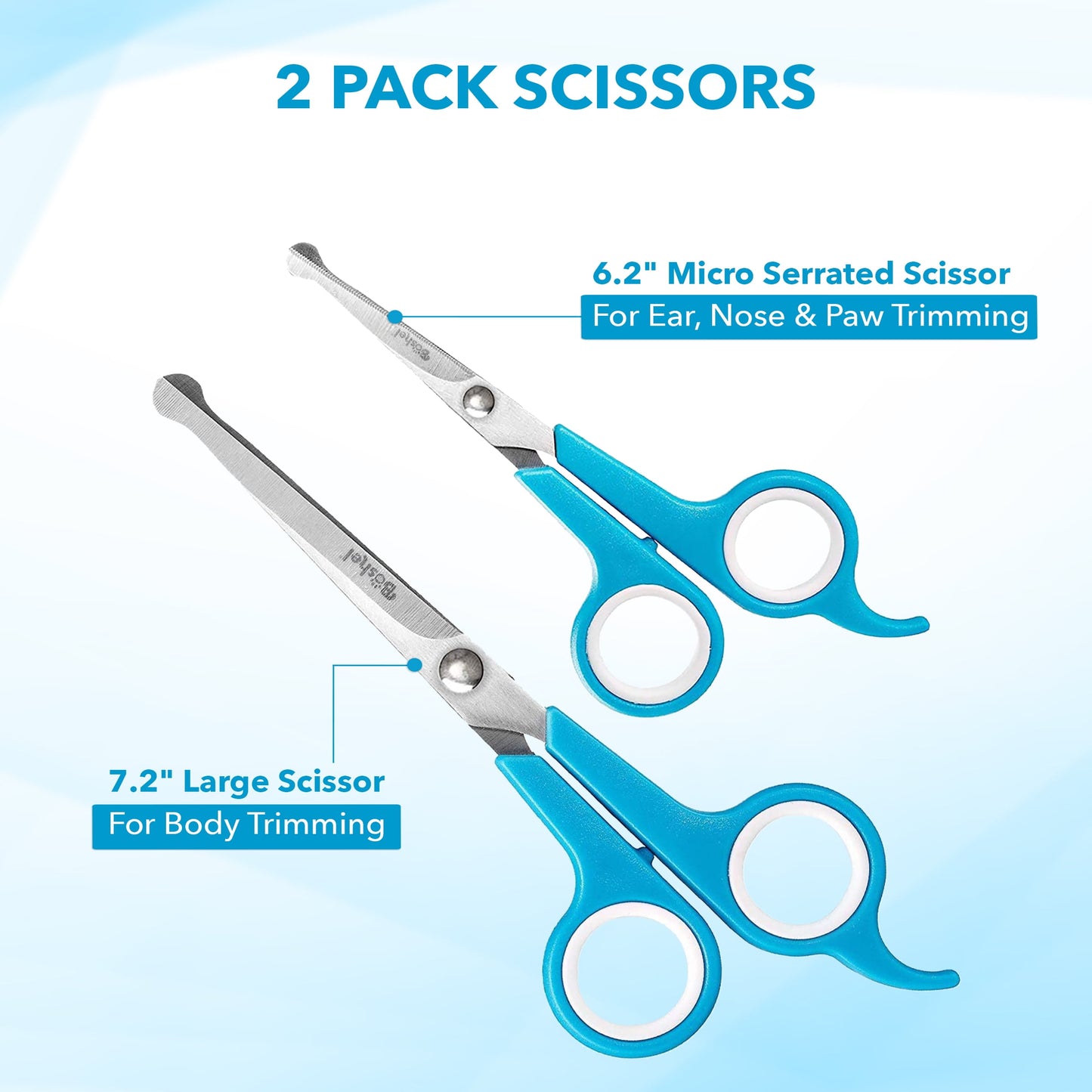 Boshel Dog Scissors for Grooming, 1 Small Micro Serrated, 1 Large 7" Straight with Safe Rounded Tips