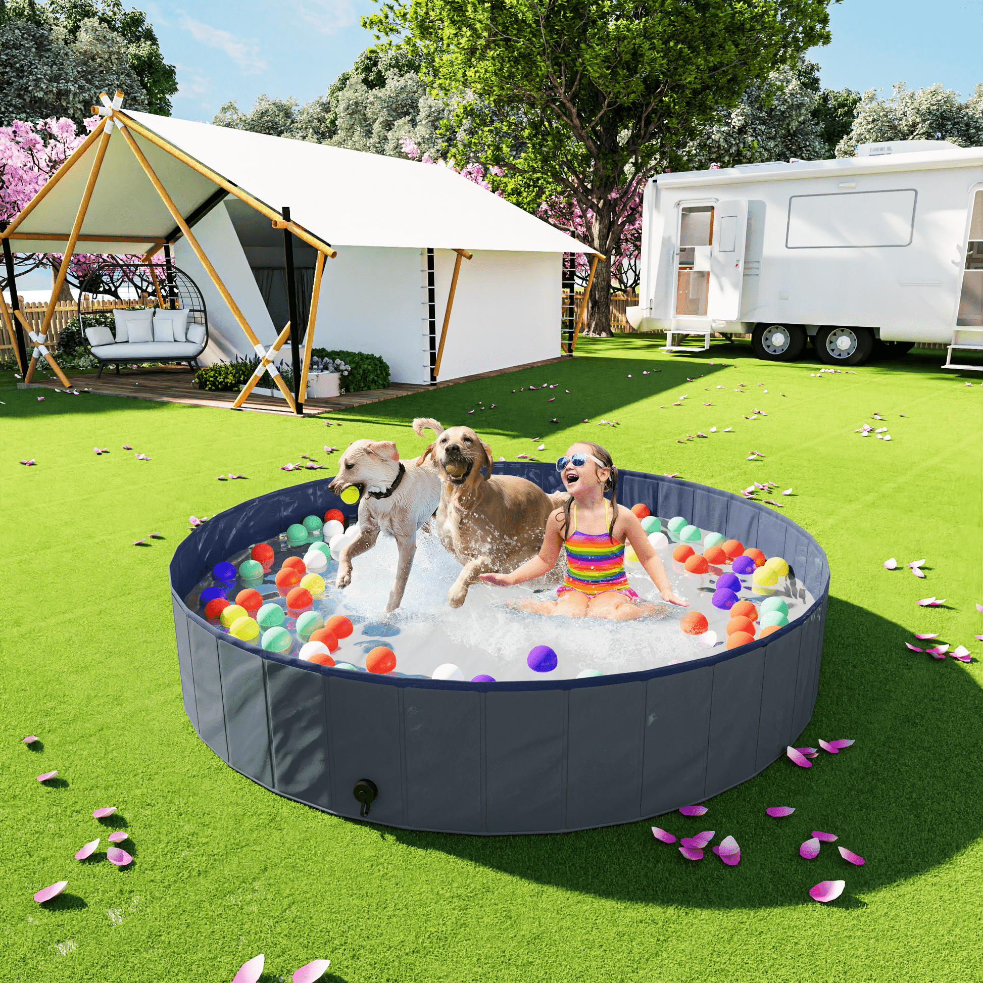 Furlinkhm Foldable Dog Pool, Outdoor Kiddie Pool with Hard Plastic, Portable Non-Slip Dog Bath Tub, Collapsible Dog Swimming Pool for Dogs Pets Kids (Gray, 63" x 12")