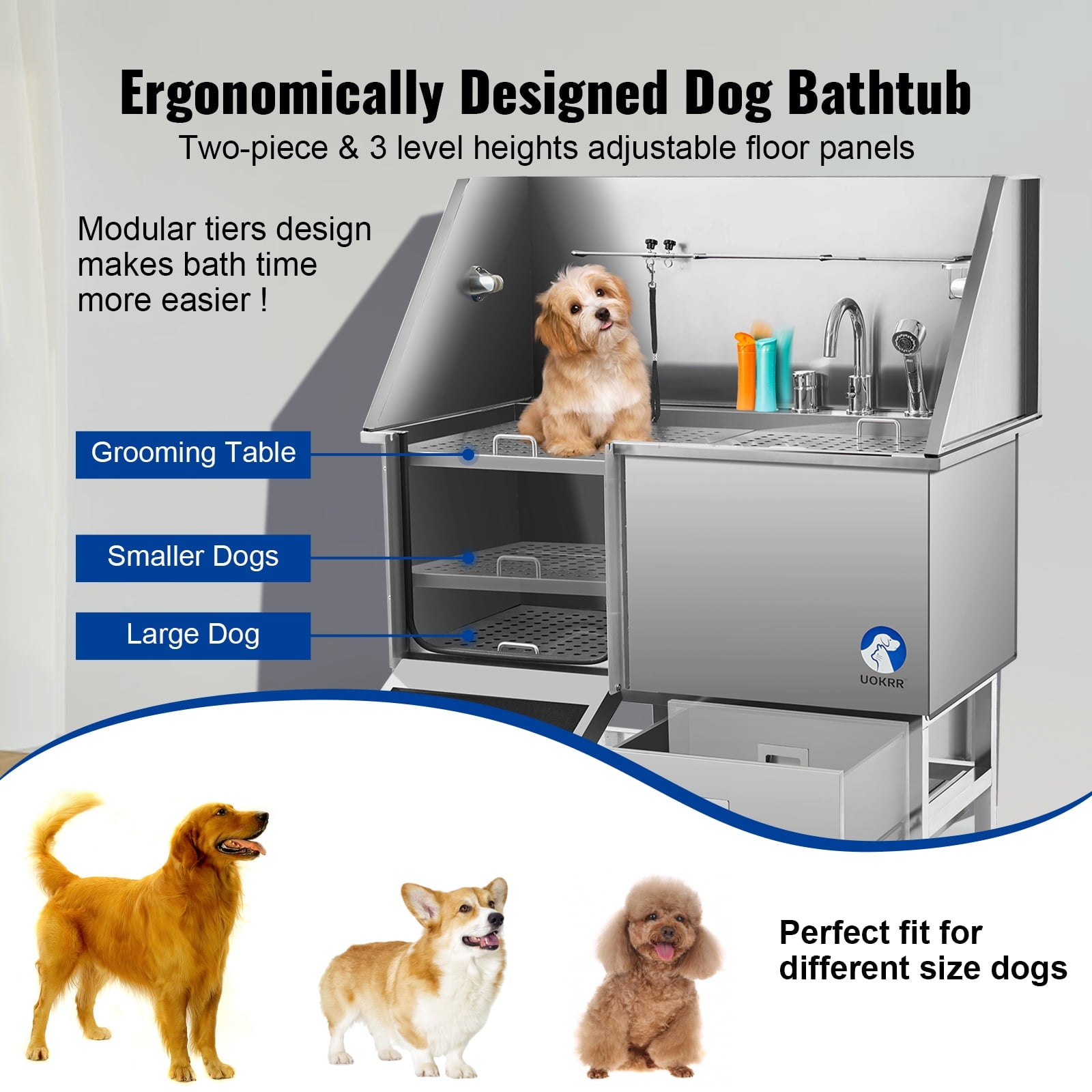UOKRR 50-Inch Stainless Steel Pet Dog Grooming Bath Tub with Adjustable Grate