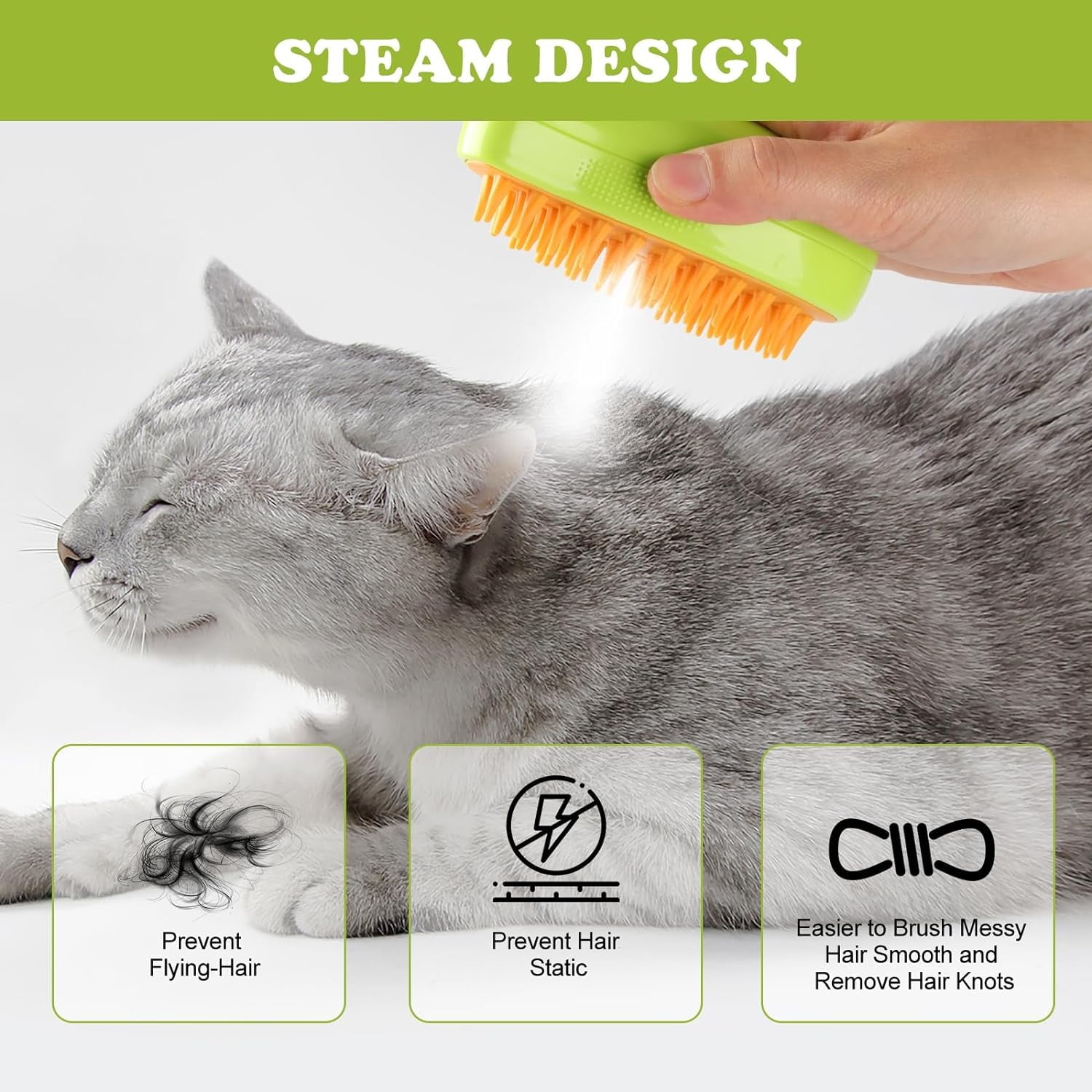 Steamy Cat Brush - 3 in1 Cat Steam Brush, 2024 Best Cat Steamy Brush, Rechargeable Cat Slicker Brush With Liquid Inlet, Eliminate Flying Hair and Tangled Hair, Cat Gift for Christmas (Green)